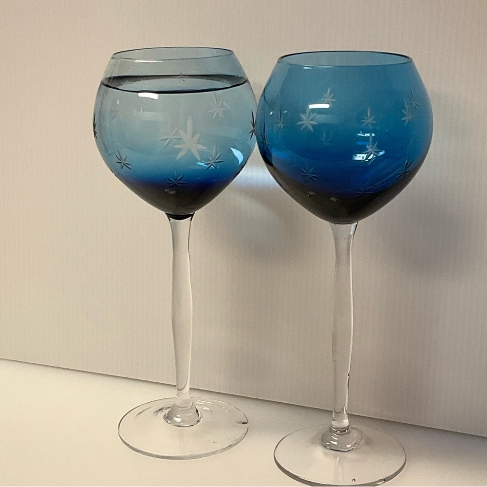 vtg Blue Ombre Starburst Cut Wine Glasses Set Of 2 Hand Blown Hand Crafted